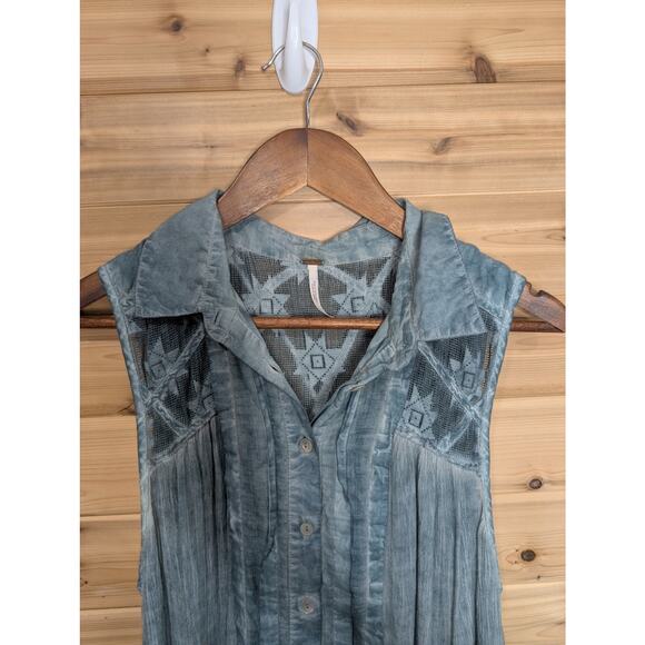 Free people Top Womens Large Blue Sleeveless Boho Blouse Lace Tank - Picture 2 of 11